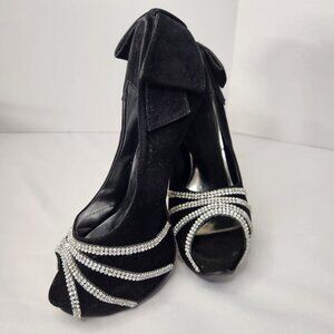 Black Open Toe 6" Chunky Heel Faux Diamonds Velvet Bow Ladies Size 10